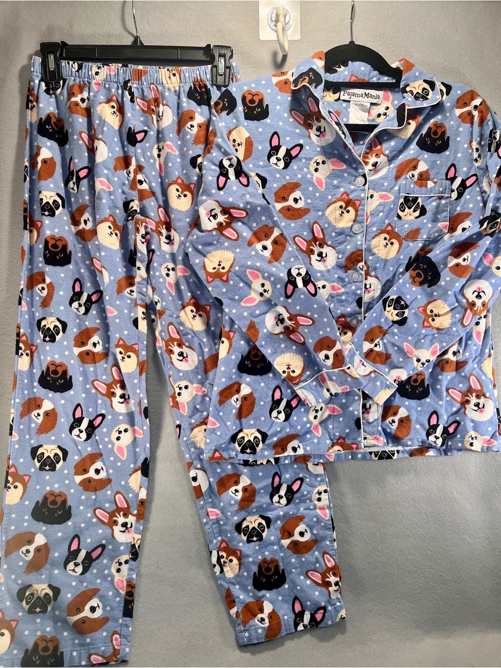 PajamaMania Small Dog Print 100% Cotton Flannel Pajama Set Blue Puppy